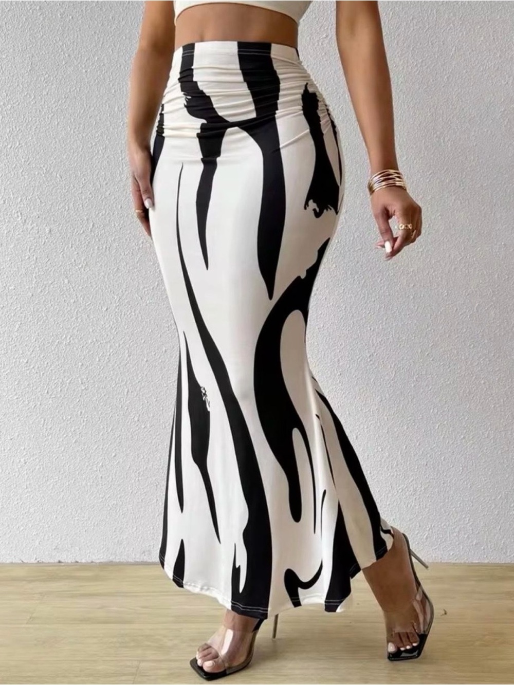 High-Waist Black & White Abstract Maxi Skirt